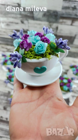 Сладурски Чашки с нежни цветлета в тюркоаз и лилаво!!, снимка 12 - Декорация за дома - 53240250