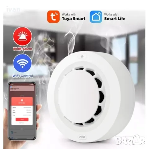 детектор за дим, с приложенията TuyaSmart и SmartLife, темп. и влажност, WiFi, тел. пред.