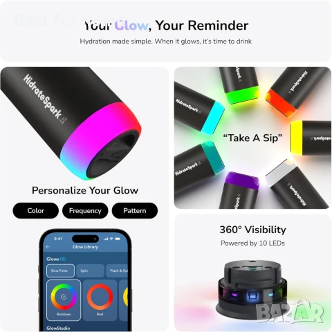 Смарт бутилка за вода HidrateSpark PRO – следи приема на вода с Bluetooth, LED напомняне, снимка 4 - Други - 51167652