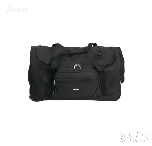 Сак за пътуване с щамповано лого, колелца, регулируема презрамка с капацитет 86.9 литра в черен цвят