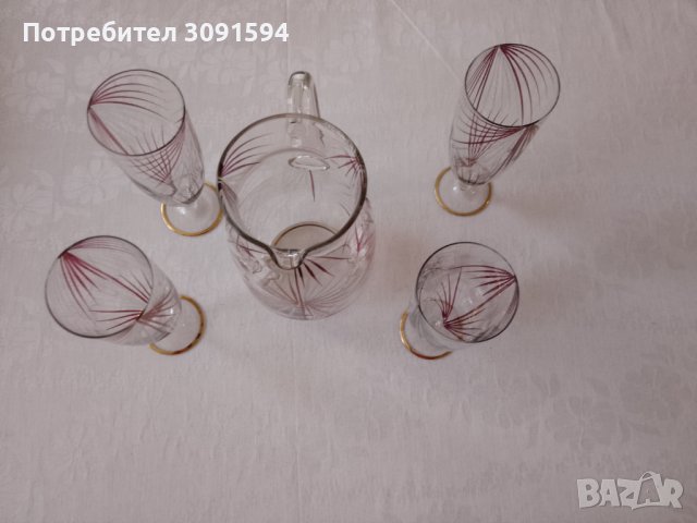  Винтидж Германия ,Комплект кана и 4 чаши за вино рисуваниано стъкло , снимка 5 - Други ценни предмети - 44422620