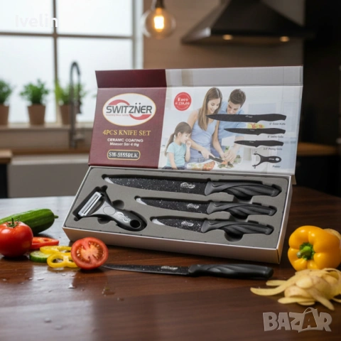 Комплект ножове Switzner от 4 части с керамично покритие и ергономични силиконови дръжки – Стил и пр