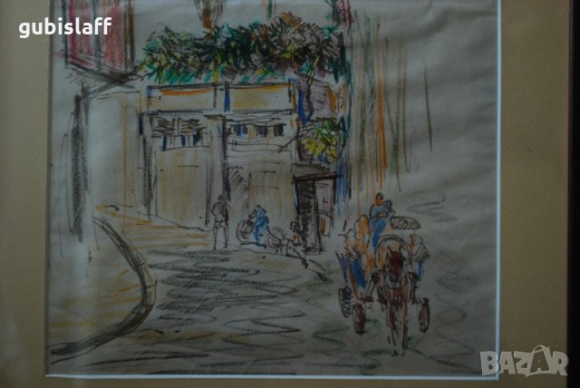 Стара картина,градски пейзаж, каруца,Стоян Василев, 1950-те, снимка 2 - Картини - 31282144