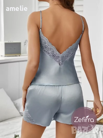 Дамски сатенен сет Filigree Zefirra в синьо., снимка 4 - Пижами - 52823042