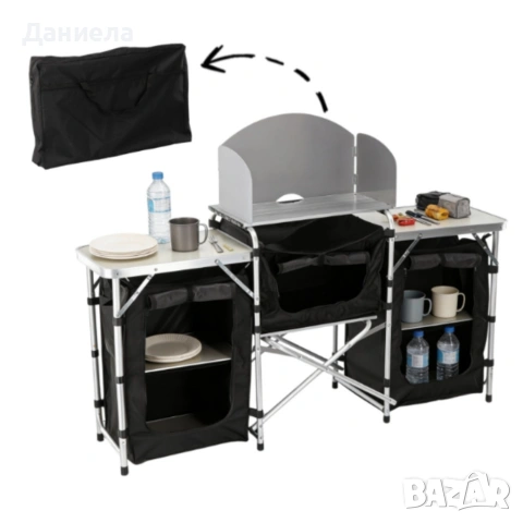 Сгъваема къмпинг кухня с 3 плота – мобилна кухня за къмпинг, пикник и каравана, снимка 6 - Къмпинг мебели - 54153856
