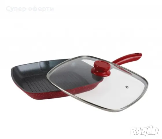 Тиган грил с капак ,Мраморно покритие, индукция, Червен, снимка 2 - Съдове за готвене - 48379885