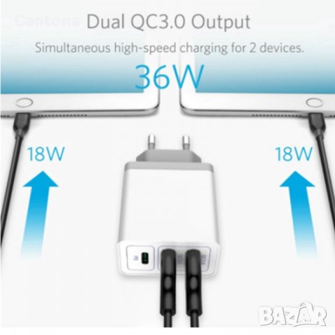 30W USB C PD + 2 x USB QC 3.0 бързо зарядно устройство, снимка 5 - Оригинални зарядни - 40046501