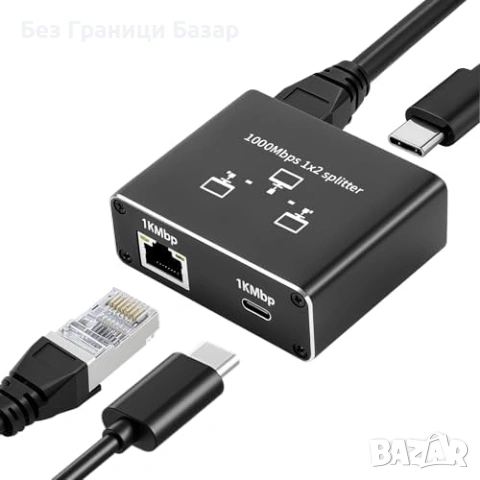 Нов Ethernet Adapter 1 в 2 RJ45 Type-C 1000Mbps за 2 устройства Адаптер интернет, снимка 2 - Друга електроника - 54233574