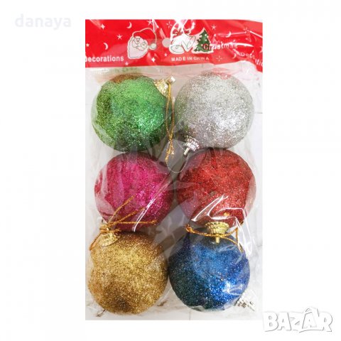 2555 Комплект брокатени топки за елха, многоцветни, 6 броя, снимка 4 - Декорация за дома - 35025701