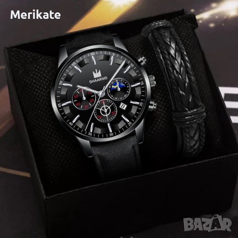 Стилен, мъжки- кварцов часовник+ кожена гривна