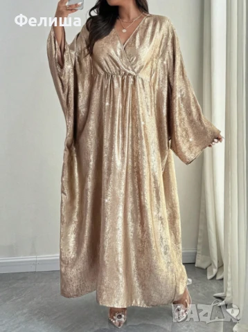 Дълга Арабска Рокля с Бляскав Ефект / Блестящи Отражения Течно Злато - XL / XXL, снимка 5 - Рокли - 50603632