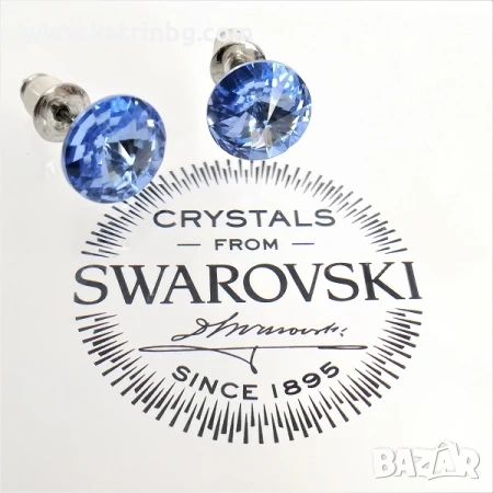 Обеци на винт с кристали SWAROVSKI RIVOLI 9 мм Aquamarine-светло син