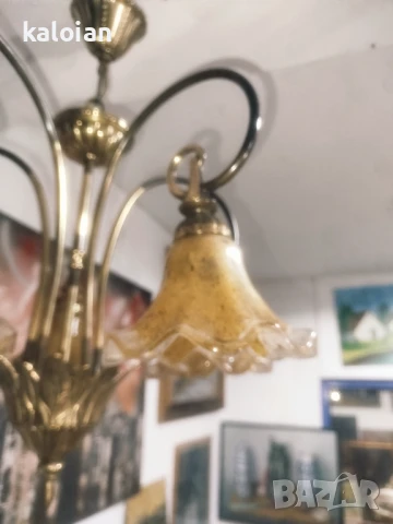 Арт нуво с целият си блясък. Оригинален бронзов полилей с флорални мотиви и абажури от цветно духано, снимка 4 - Антикварни и старинни предмети - 51309921