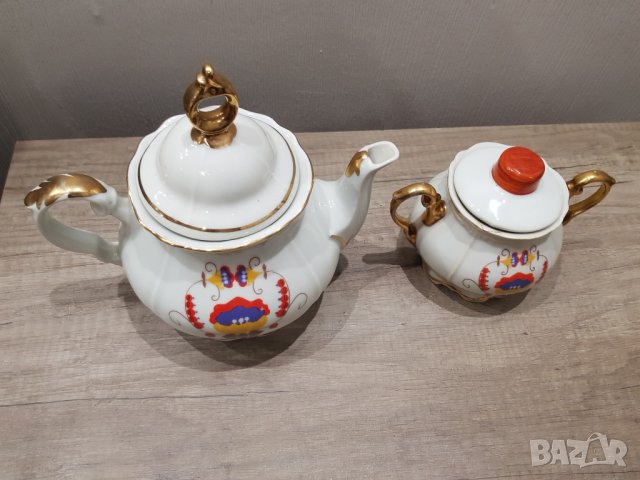 Български видински порцеланов чайник,кана и захарница, снимка 3 - Антикварни и старинни предмети - 38025283