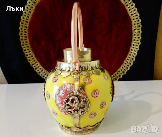Тибетска порцеланова кана,чайник,обков мед и месинг. , снимка 6 - Антикварни и старинни предмети - 37512675