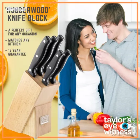 Комплект ножове от 5 части с компактен дървен блок Taylors Eye Witness, снимка 2 - Прибори за хранене, готвене и сервиране - 49988533