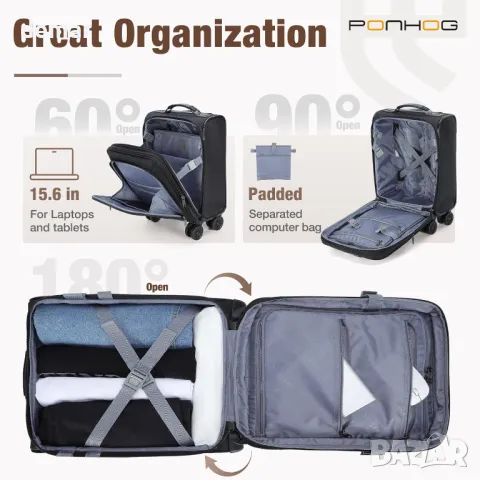 Ponhog 18-инчов куфар за ръчен багаж с колела, лека пътна чанта за мъже и жени, черна, снимка 3 - Куфари - 49526811