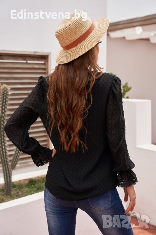 Дамска блуза в черно с дълъг ръкав и принт на точки, снимка 2 - Блузи с дълъг ръкав и пуловери - 42766770