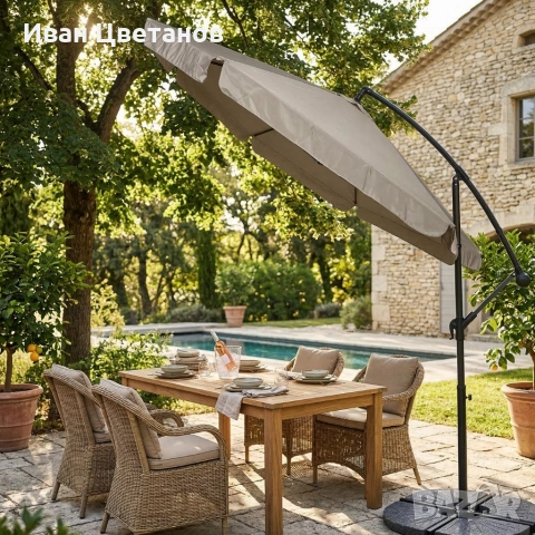 Голям градински чадър със странична стойка, Ø 350 см, UV защита, Водоустойчив + Покривало, снимка 2 - Градински мебели, декорация  - 54128219